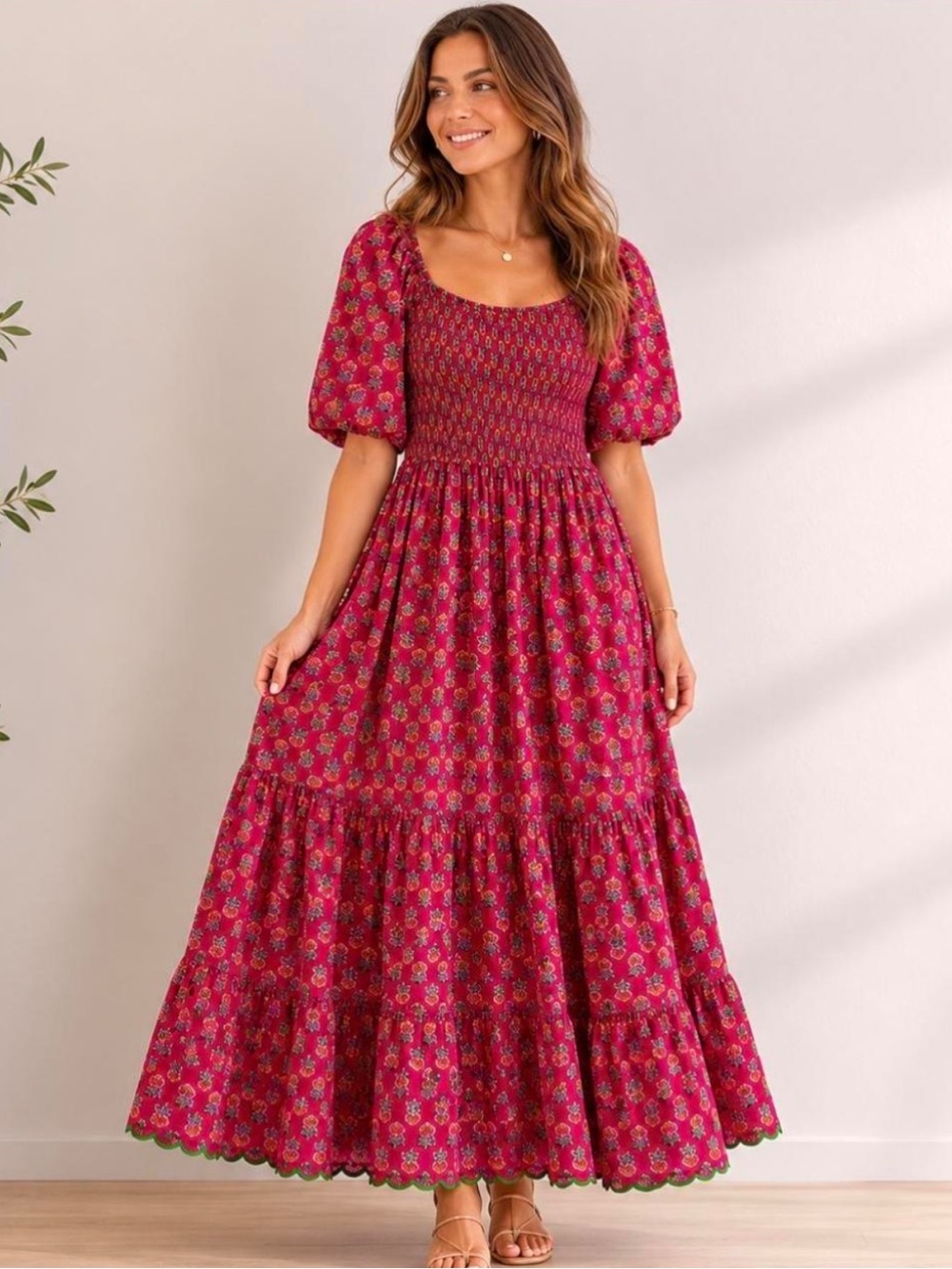 Lea Smocked Puff-Sleeve Maxi Dress in Pink Floral
